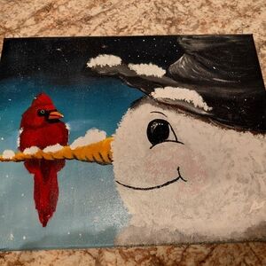 Cardinal and Snowman Canvas Art 11x14